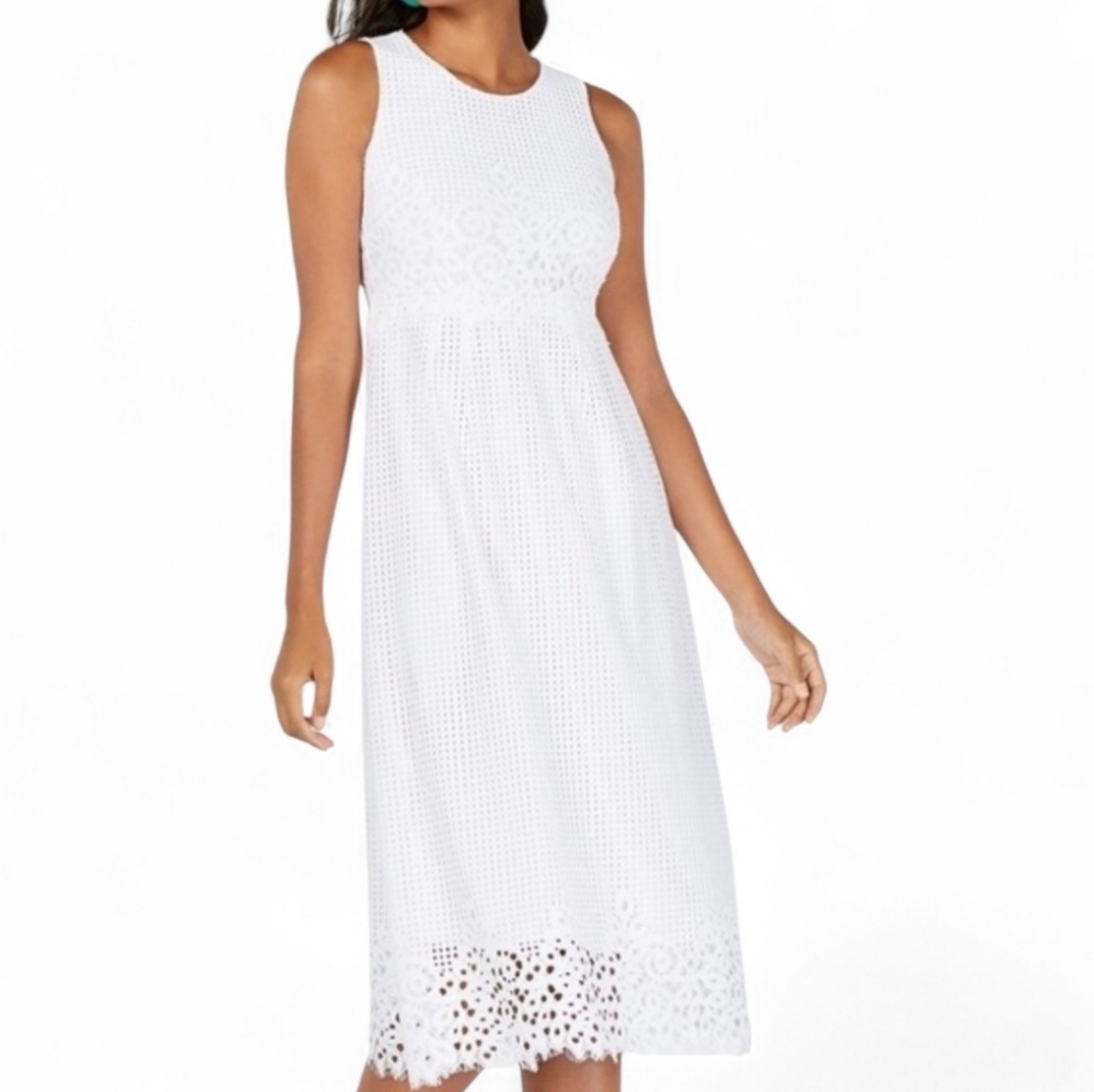 Alfani Lace Midi Dress 8 White A Line Sleeveless Fringe Trim Mothers Day New - Picture 13 of 13